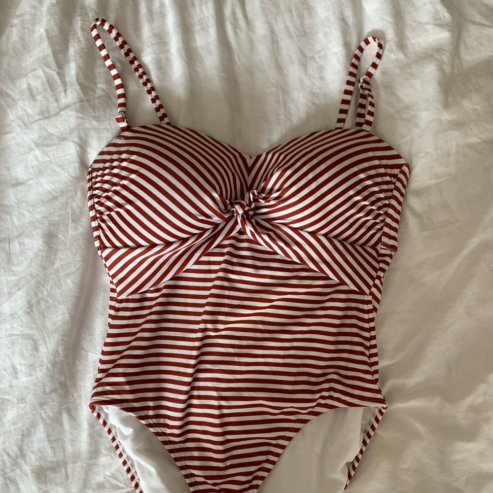 Burgundy and white stripe one piece swimsuit